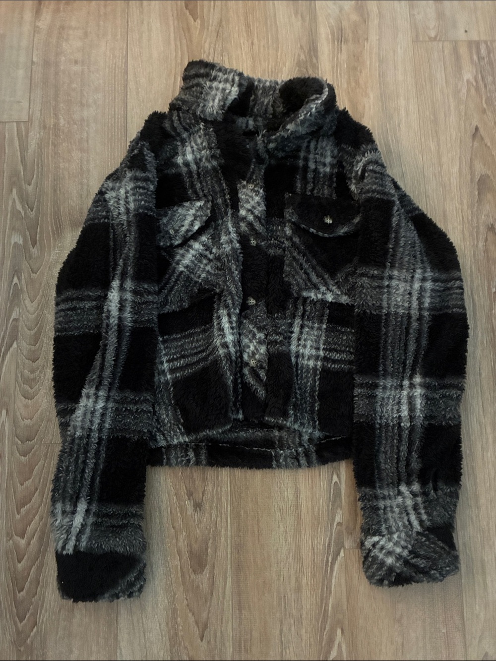Thread & Supply Black and Gray Plaid Sherpa Jacket